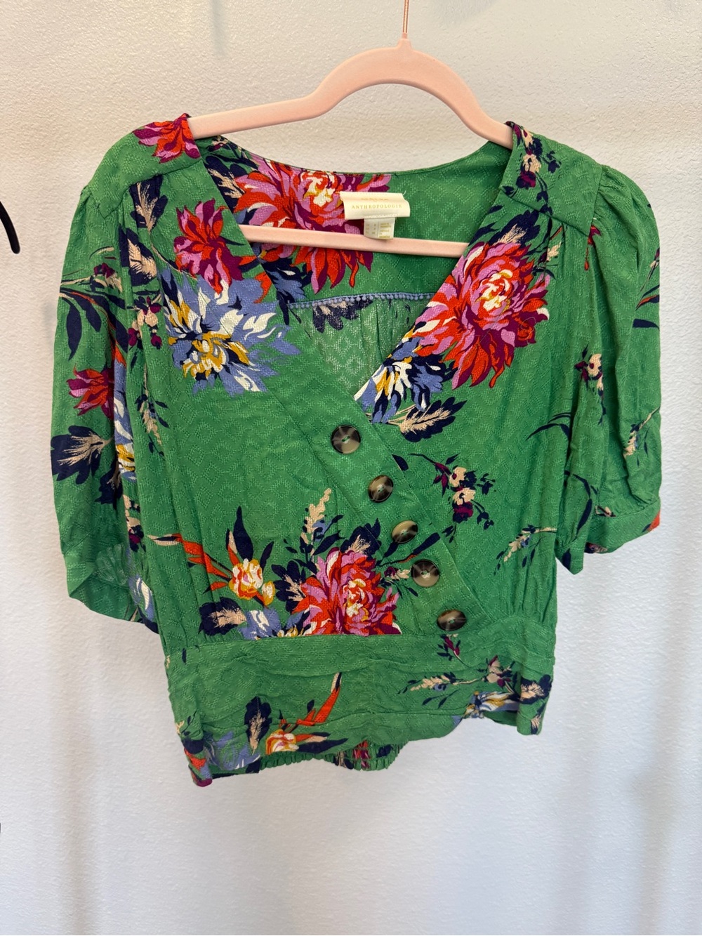 Maeve by Anthropologie Green Floral V-Neck Button-Accent Wrap Blouse size 4